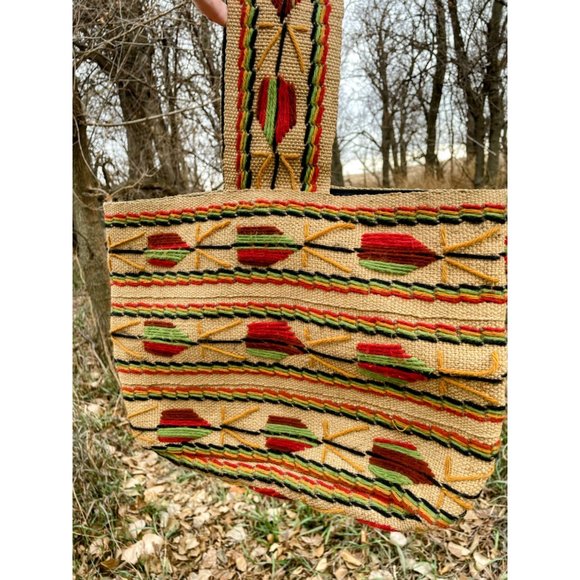 Vintage 1970s Burlap wool Embroidery Tote Bag  Boho Hippy - Picture 6 of 16